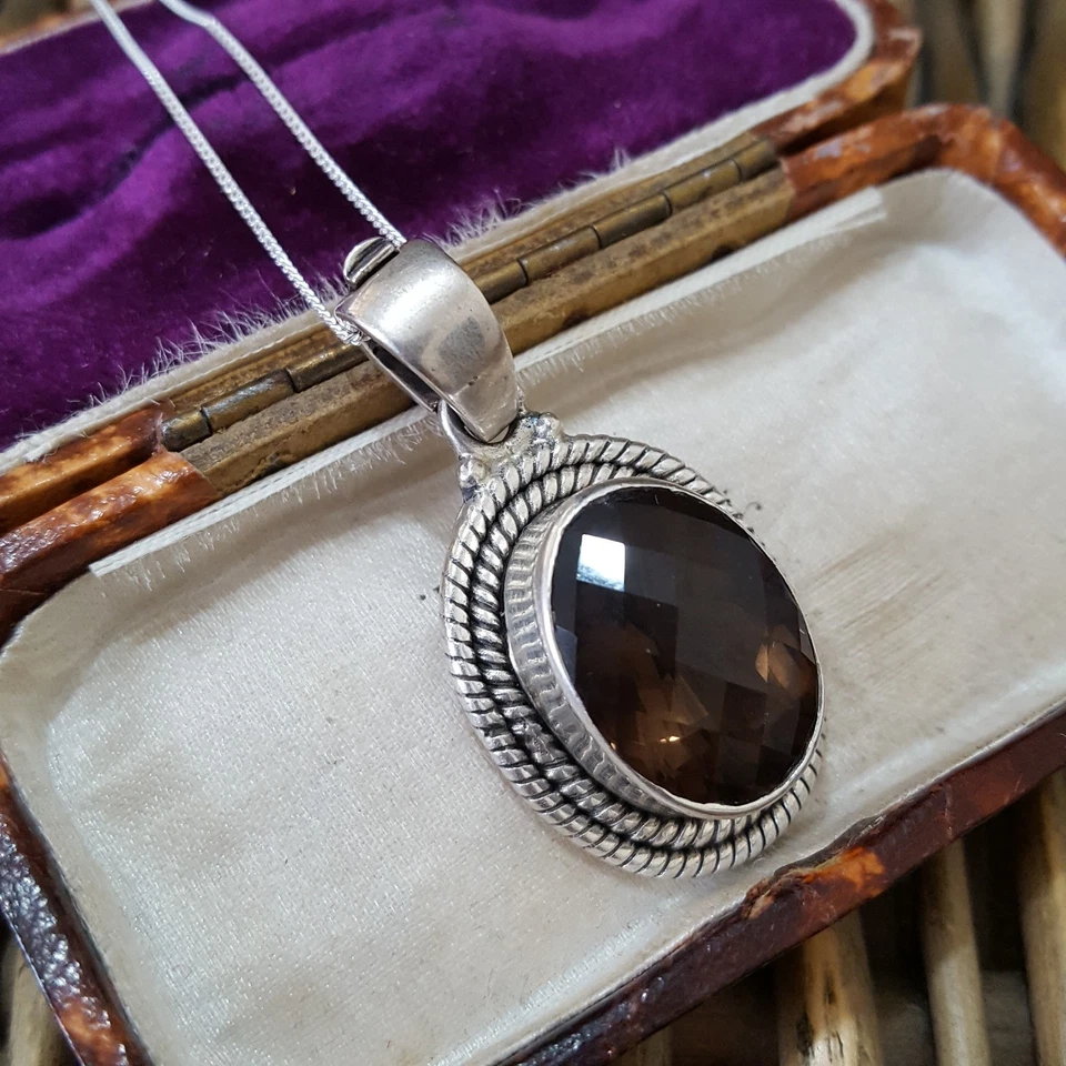 Collar vintage de plata de ley 925, colgante de cuarzo ahumado grande natural Foto 4 de 4