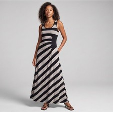 Calvin Klein Striped Maxi Dress Ruched Side Sleeveless Black Tan Sz 2