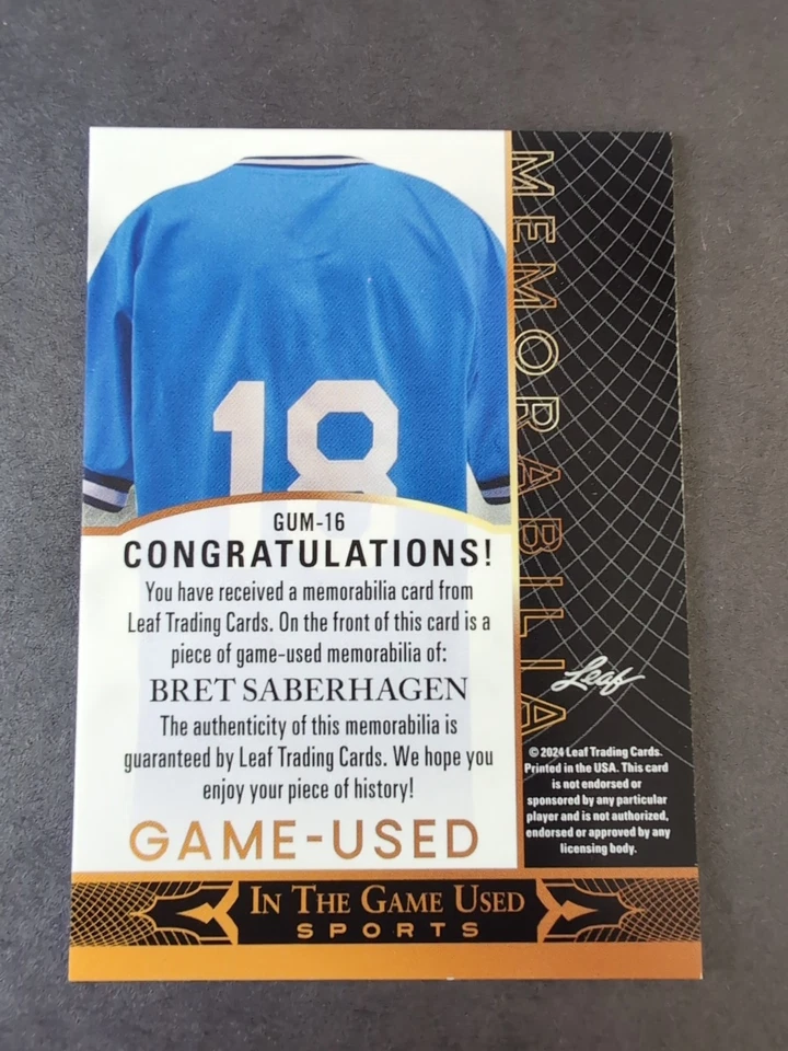 2024 Hoja en el Juego Usado - Bret Saberhagen Juego Jersey Reliquia Mem GUM-16 Plateado Foto 2 de 2