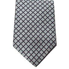 Jos A Bank Mens Silk Tie Silver Navy Blue Red Diamond Geometric Hand Sewn USA