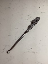 ANTIQUE AUTHENTIC SIGNED STERLING SILVER REPOUSSE BUTTON HOOK MUST SEE NO RES