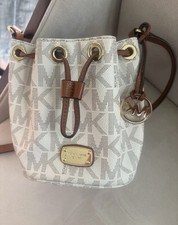 Michael Kors Monogram Bucket Drawstring Shoulder Bag Beige Brown Gold Hardware
