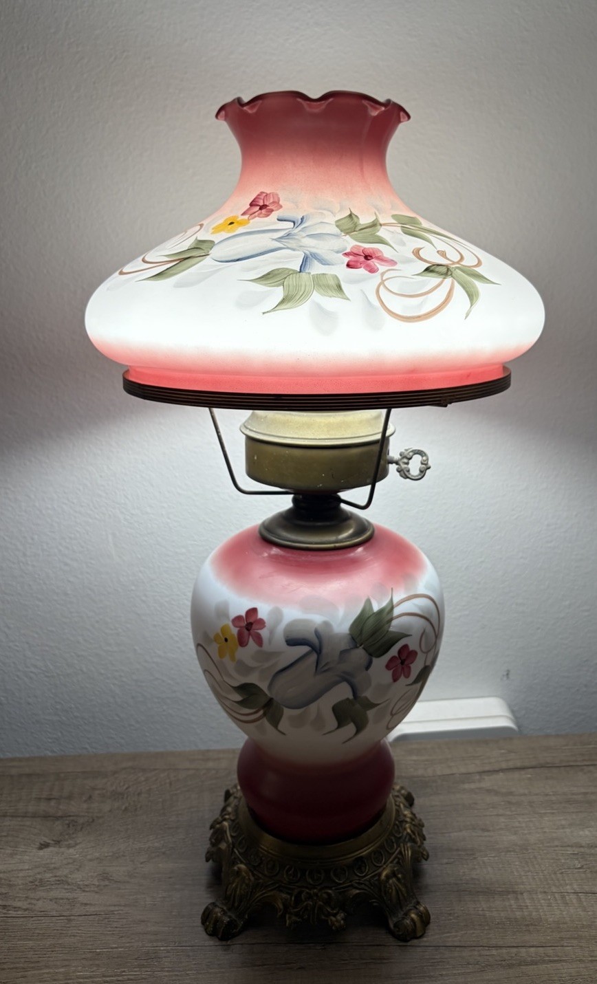 Painted Red Roses Hurricane Lamp Vintage Hand Painted Pink Rose Floral Parlor Lamp GWTW ...