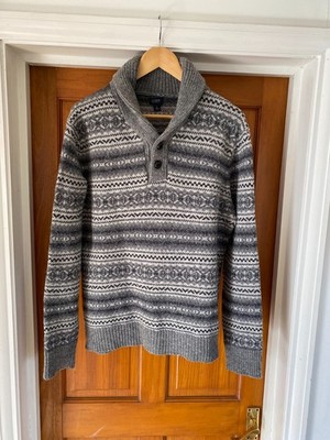 J. Rundhals Fair Isle Pullover mit Schalkragen Herren Gr. L 100% Lammwolle Grau Sweater