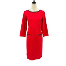 Talbots 10 Red Ponte Knit Navy Embroidered Neck Knee Length Refined Sheath Dress