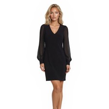 Karen Kane Dress Women's Size Large Petite Black V-Neck Puff Sleeve Shift