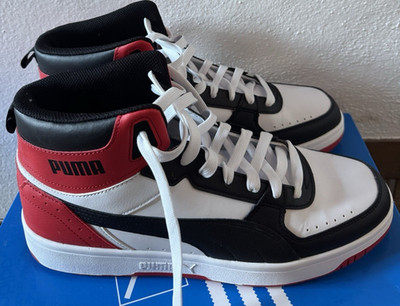 PUMA Unisex Mid Top Sneaker EU 46 Weiß/Schwarz/Rot Schnürung