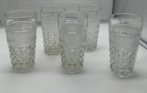Set of 5 VTG Anchor Hocking Wexford Flat Iced Tea Tumblers 6-1/4" Diamond Glass