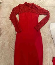 Red Floral Lace Long Sleeve Dress Size Small Formal Sheer Midi Eveningwear 