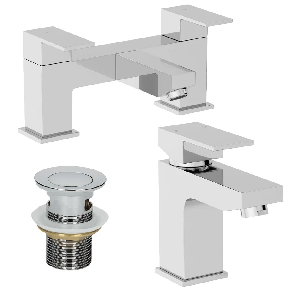 Modern Bathroom Square Mono Basin Sink Mixer Bath Filler Tap Set Slotted Waste