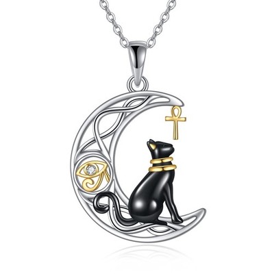 Egyptian Cat Necklace Sterling Silver Bastet Cat Necklace Ankh Eye of Horus E...