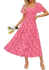 Womens Summer Boho Floral Midi Dress Square Neck Short Sleeve Beach Vacation Top