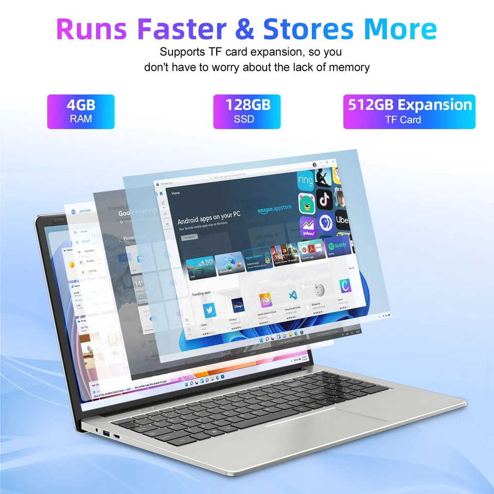 SGIN 15.6" Laptop FHD 4GB RAM 128GB SSD Intel Celeron 2.4 GHz 5.0G WiFi Silver - Image 4 of 4