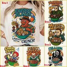 “Horror Cereal Meme” Retro Horror Character Tees,  Killer Breakfast Halloween Te