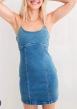 New Aerie sleeveless denim mini dress halter neck tie blue women M Y2K