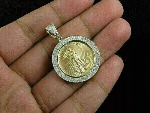 1.00Ct Lab Created Diamond Round Lady Liberty Coin Pendant Yellow Gold Plated