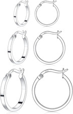 3 Pairs 925 Sterling Silver Hoop Earrings for Women 14K White Gold Plated Hypoal