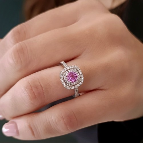 Anello ZAFFIRO ROSA naturale e doppio giro DIAMANTI 0,34 CT oro BIANCO 18 kt 750 - Foto 7 di 15