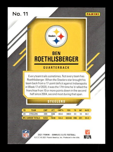 2021 Donruss Elite #11 Ben Roethlisberger - Picture 2 of 2
