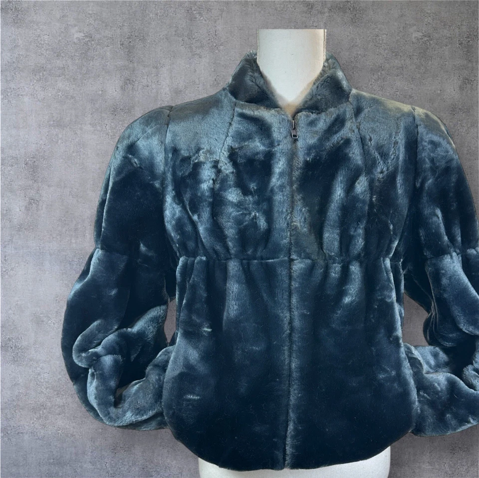 Vtg Y2K JORDACHE Blue Faux Fur Velvet Short Coat Jacket VEGAN Mob Wife sz M