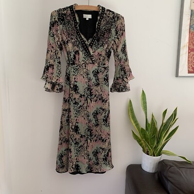 Ghost Dress Silk London Vtg 100% Multi Beaded Size Small UK 8 Heart Y2k Frill