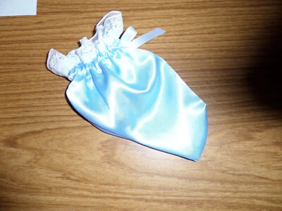 SISSY MODESTY CHASTITY POUCH blue satin WHITE LACE TRIM SATIN BOW