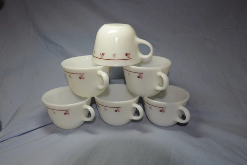 Vintage Pyrex Coffee Mugs Set of 6 Milk Glass Burgundy Rose 