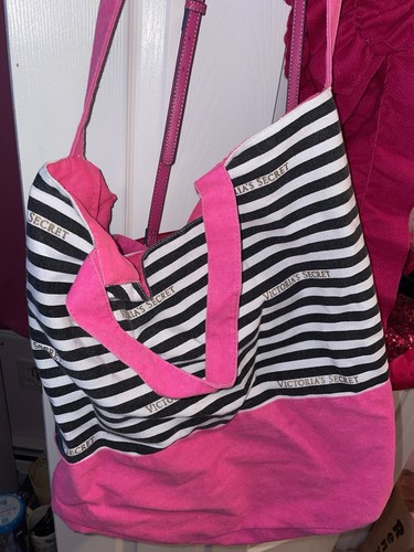 Victoria’s Secret canvas pink black white striped Tote Beach Shopping bag