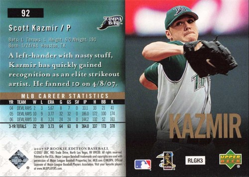 2007 SP Rookie Edition Scott Kazmir Tampa Bay Devil Rays #92 - Picture 2 of 2