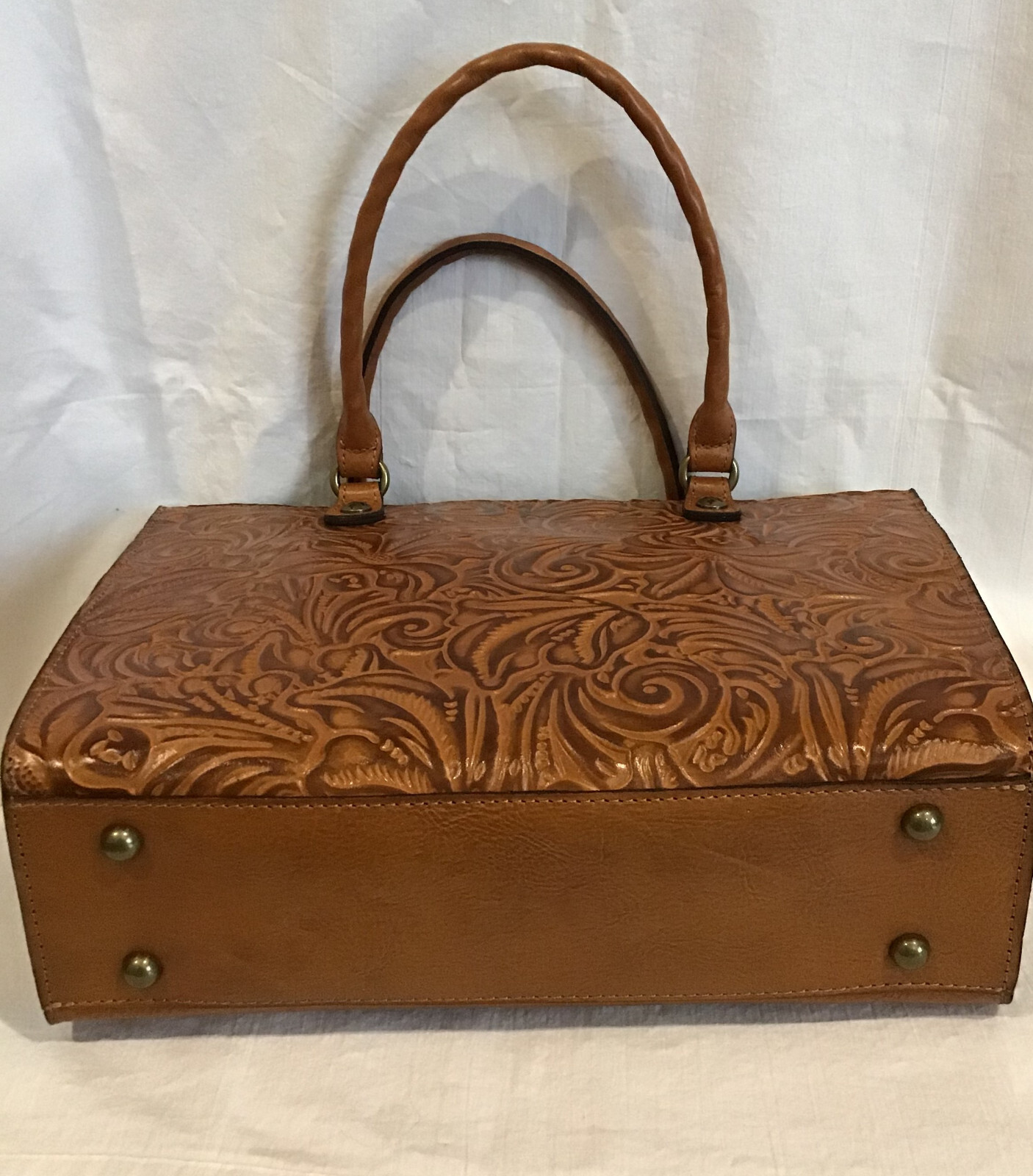 NWT Patricia Nash Zancona Tooled Cognac Brown Leather TOTE Shoulder Bag