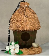 Vintage 1998 Nature's Garden Thatched Roof Bird House Ceramic and Resin  NIB