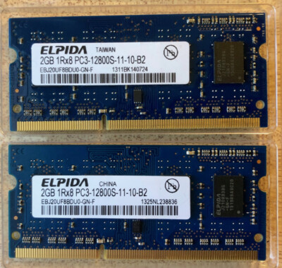 Lot of 2 ELPIDA 2GB 1Rx8 PC3-12800S-11-10-BS Laptop Memory, 4GB Kit, Mac Ram
