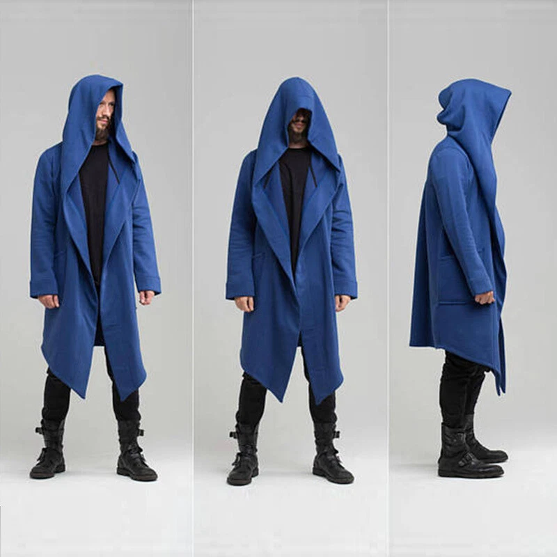 Overcoat Men Gothic Long Sleeve Long Gown with Hood Coat Cape Cardigan Outwear ↲ - Image 3 of 4
