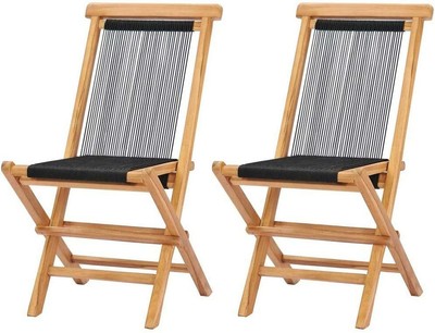 Folding Garden Chairs Black Solid Teak Wood Rope 2pcs Outdoor Patio Furniture Ebay