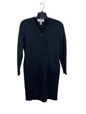 Jones New York 90s Black  V-neck Heavy Fancy Button Up Sweater Dress M 70% Wool