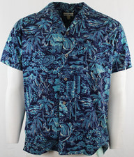 Grass Shacks, Kahili, Leis, Palms Blue Vintage Hawaiian Shirt - 1950s - Small