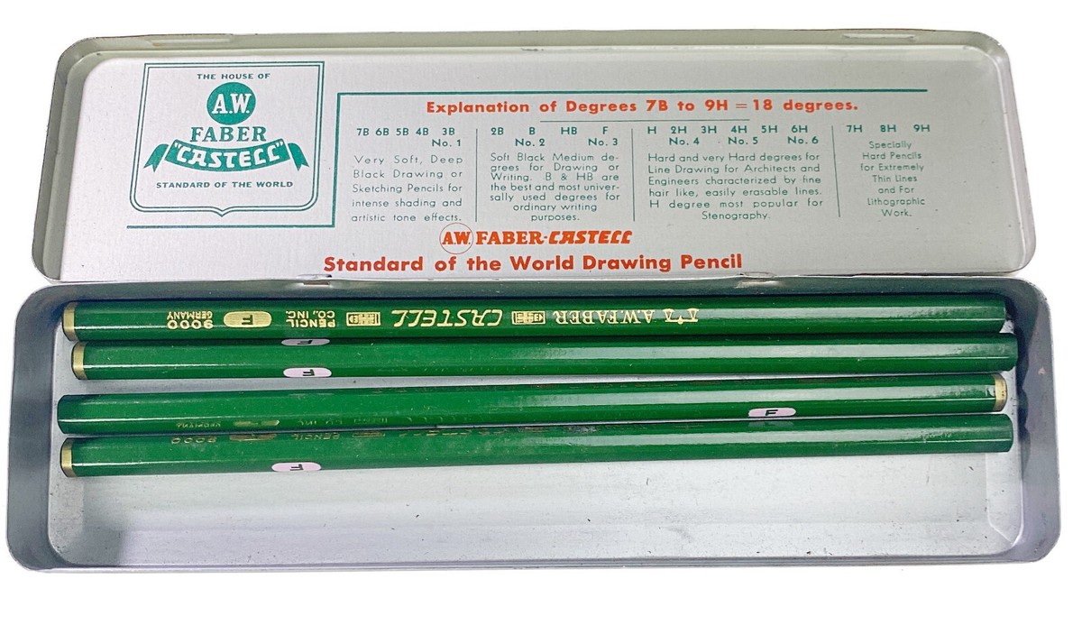 4 Castell AW Faber Pencil F 9000 Germany Unsharpened & USA Tin Box