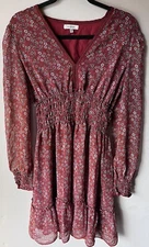 Max Studio Ruffle V Neck Burnt Orange Boho Floral Long Sleeve Dress Small