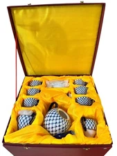 22KT GOLD COBALT NET IMPERIAL LOMONOSOV PORCELAIN 15 PC. RUSSIAN TEA SET IN BOX