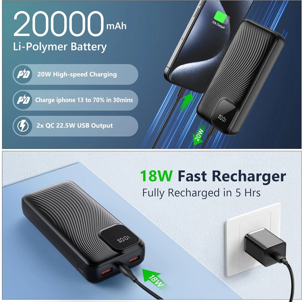Power Bank 20000mAh 22W Charging Portable External Battery Backup For Cell Phone