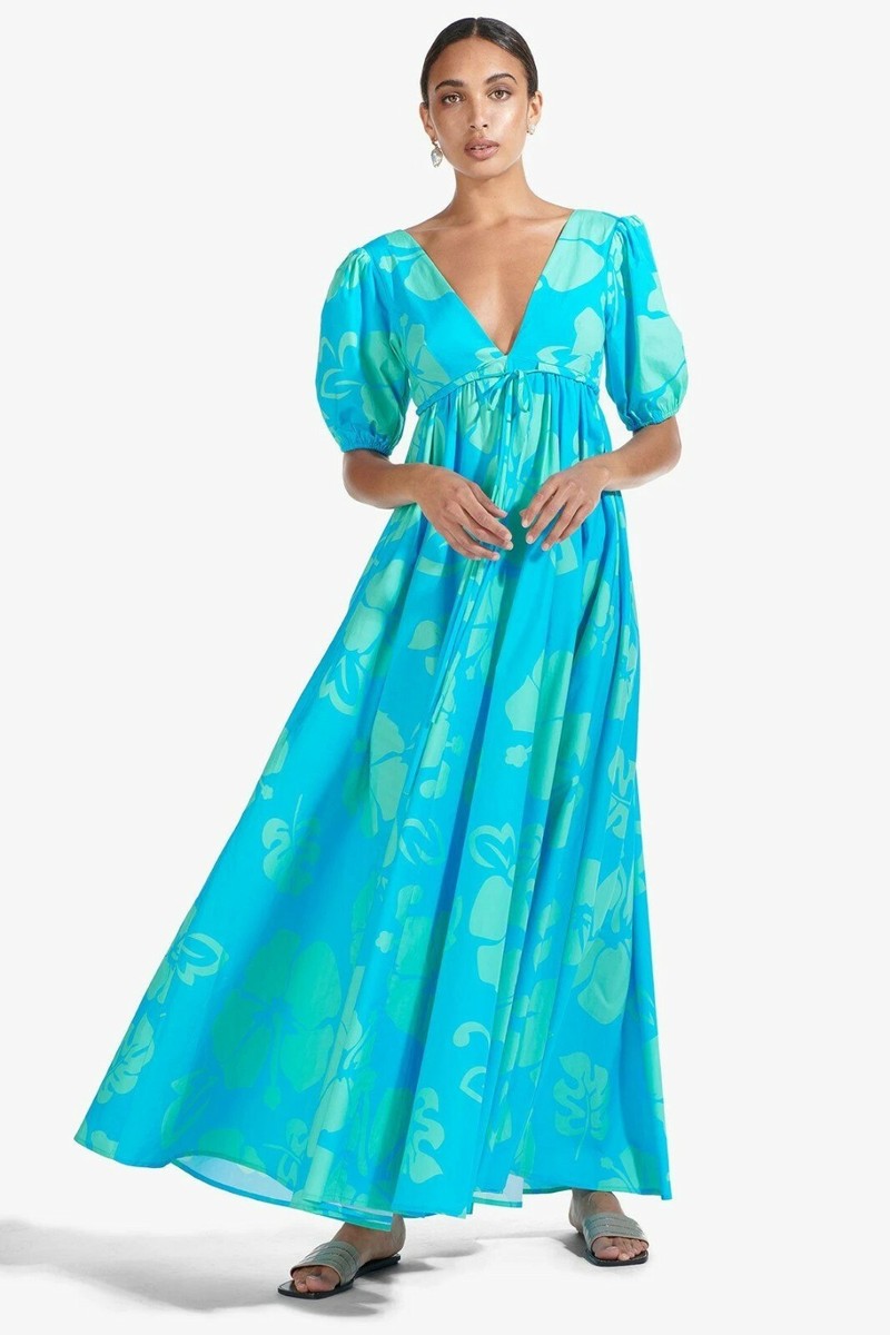 staud blue floral dress NWT AMARETTI IN HIBISCUS L $345 No Offers or Reductions shoulder neckline SCH006299_B_S A Line Dress Meaning Select color:Mauve