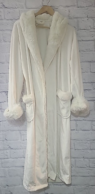 Pottery Barn Faux Fur Trim Robe Women's Size Medium Cream Pockets No Belt