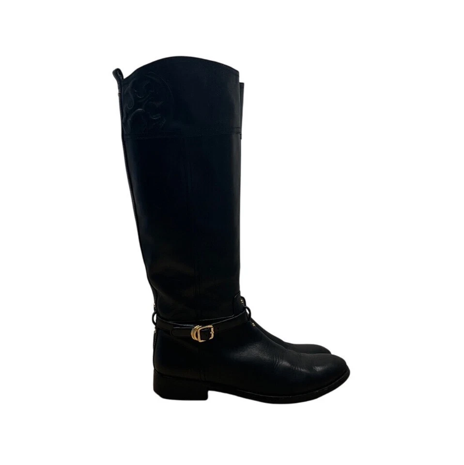 Tory Burch Women’s Black Leather Knee-High Riding Zip Up Boots Sz 10M - Image 3 of 4