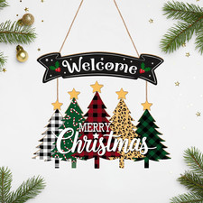 Merry Christmas Wreath Hanging Sign for Front Door, Wooden Welcome Sign with Chr