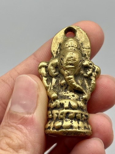 Mini Hindu Brass Statue Pendant Amulet Heavy Ganesh Diety Curio Shelf Piece OLD