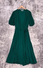 Reformation Dress 1X Womens Green Crepe Puff Short Sleeve Wrap Midi Maxi
