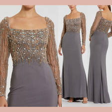 NWT MAC DUGGAL [ 14 ] 2256 Beaded Square Neck Long Sleeve Jersey Gown Grey S1629