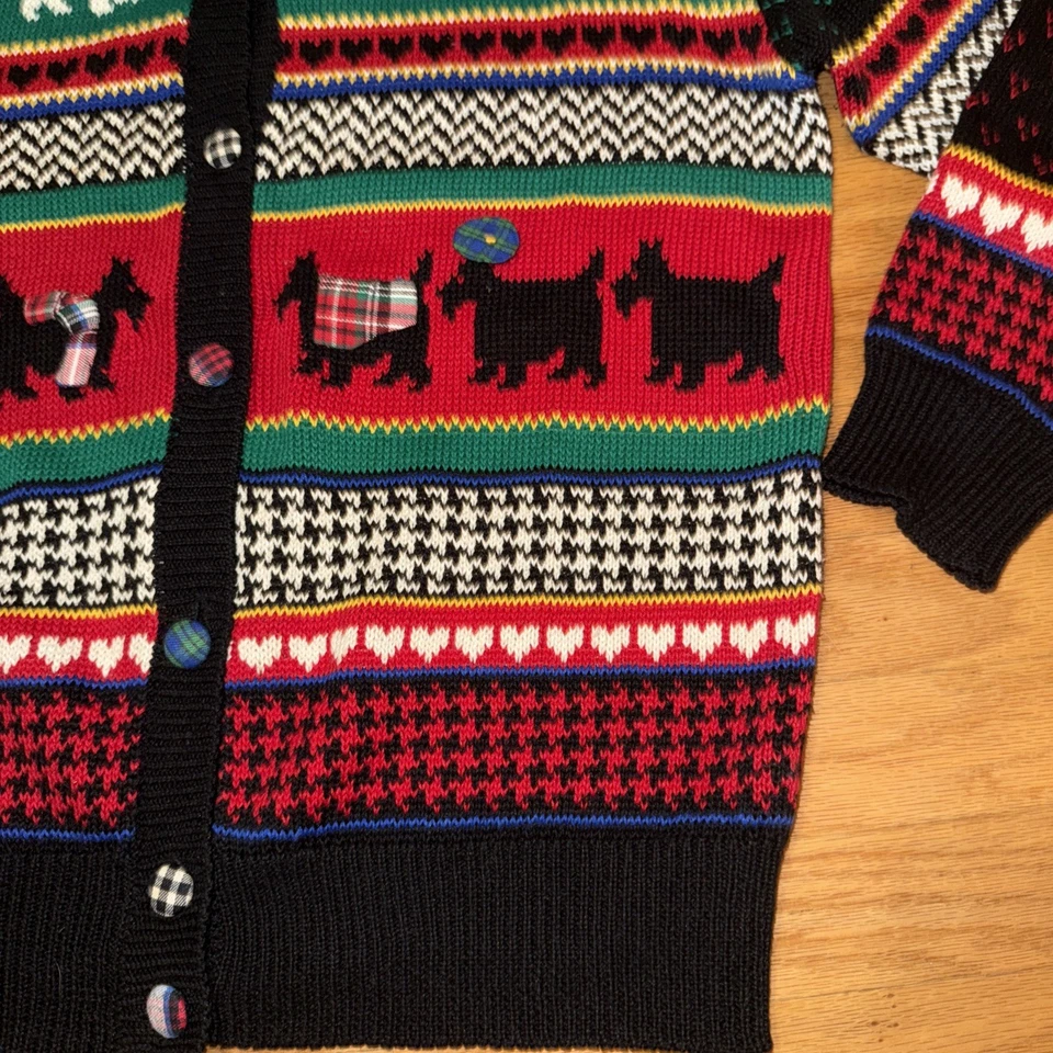 Vintage Susan Bristol Cardigan Sweater Scottie Dogs Sz L Plaid Grandma - Image 4 of 4