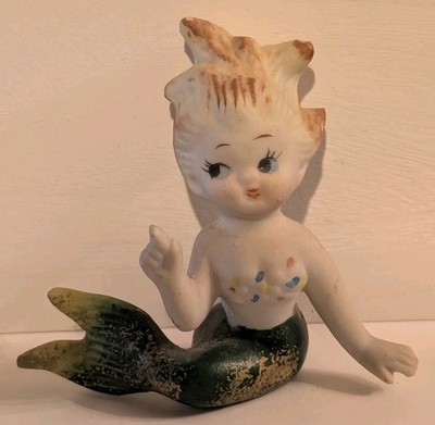 Vintage Mermaid Figurine Bradley Japan Bisque Kitschy 1950's Adorable Face! 