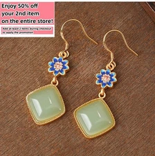 Jade Drop Dangle Earrings Flower Gemstone Boho Minimalist Hook 18K Gold Plated
